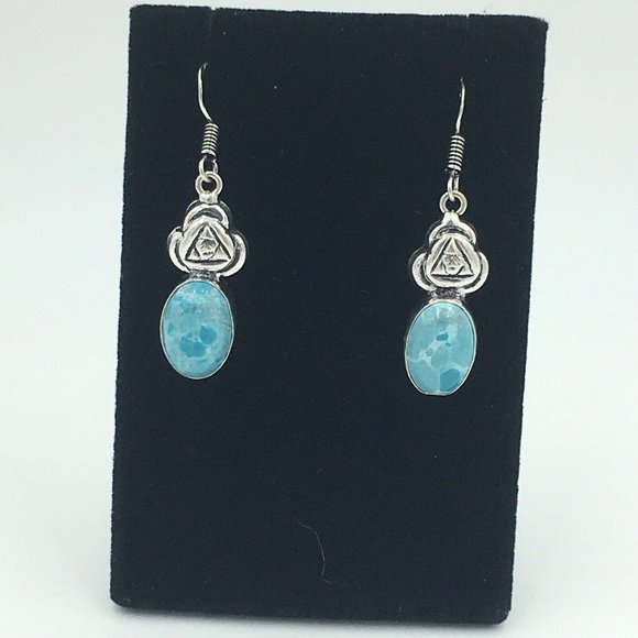 Gorgeous Blue Mosaic Jasper Cabochon 925 Sterling Pierced Dangle EARRINGS - NEW! - Picture 5 of 5
